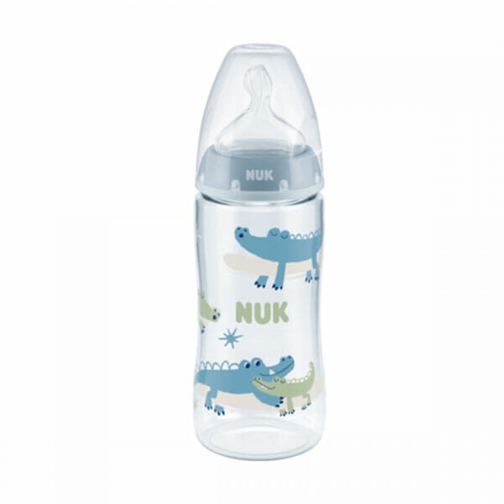 Nuk Πλαστικό Μπιμπερό 300ml First Choice με Θηλή Σιλικόνης & Ένδειξη Θερμοκρασίας 6-18m Μπλε Κροκόδειλοι