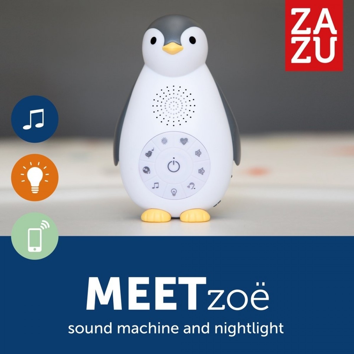 Zazu Συσκευή Νανουρίσματος Zoe ο Πιγκουίνος Grey με Bluetooth και φως νυκτός